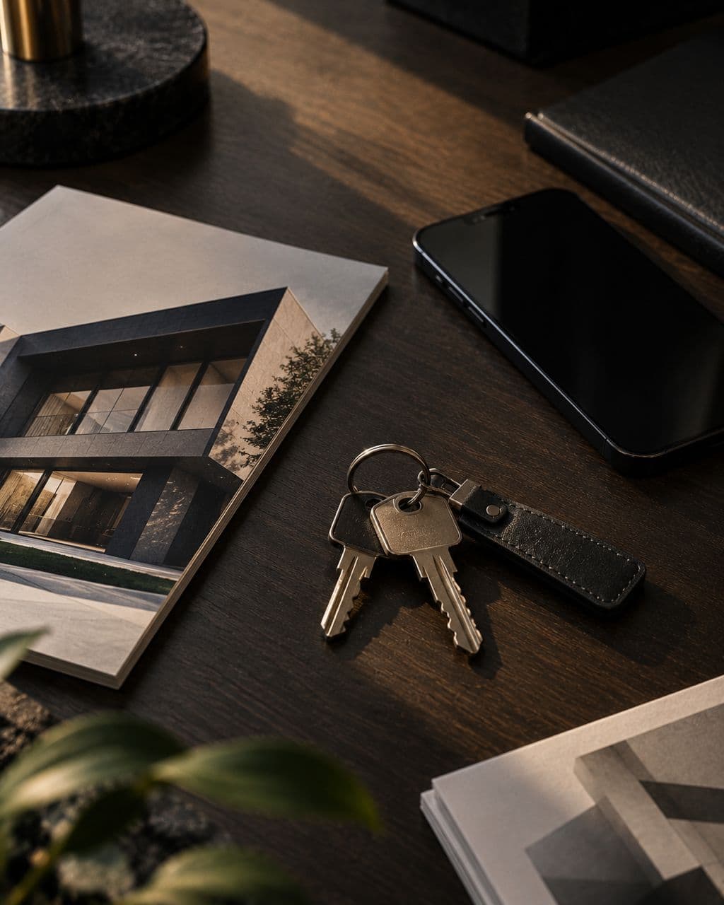 A set of keys on a leather fob beside a phone and a printed property photograph.