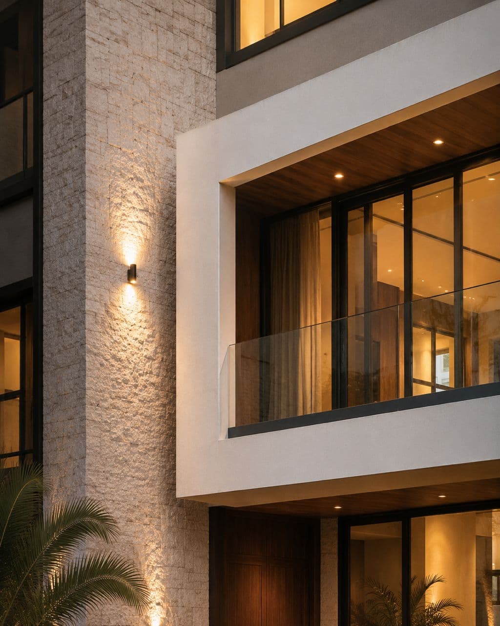 The stone facade and lit balcony of a contemporary Nigerian residence at dusk.