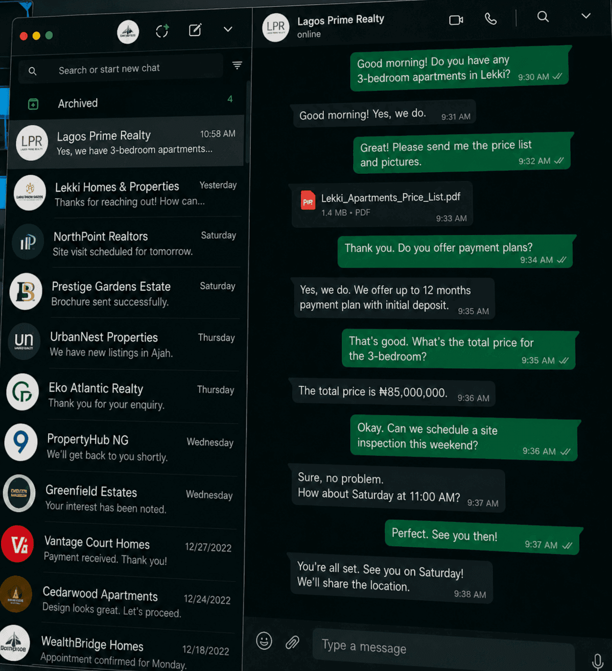 A WhatsApp conversation where the Growthspine AI agent answers a buyer's questions about a Lekki apartment, sends the price list, explains payment plans, and books a viewing